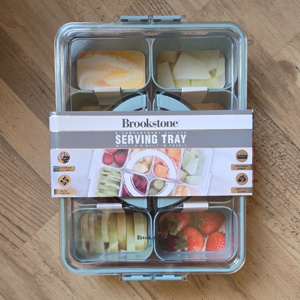 NWT Brookstone Serving And Travel Tray 8 Individual Compartments Lid and Handles